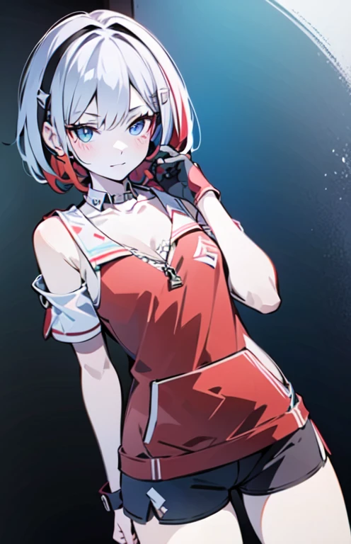 (masterpiece:1.2), (pale skin:1.2), (solo:1.2), (female:1.1), (emphasis lines:1.3), (:1.2), blue eyes, white hair, red hair, bangracelets:1.1), short hair, (shorts:1.2), casual, bare shoulders, collarbone, (camisole:1.1), outdoors, day, earphone
