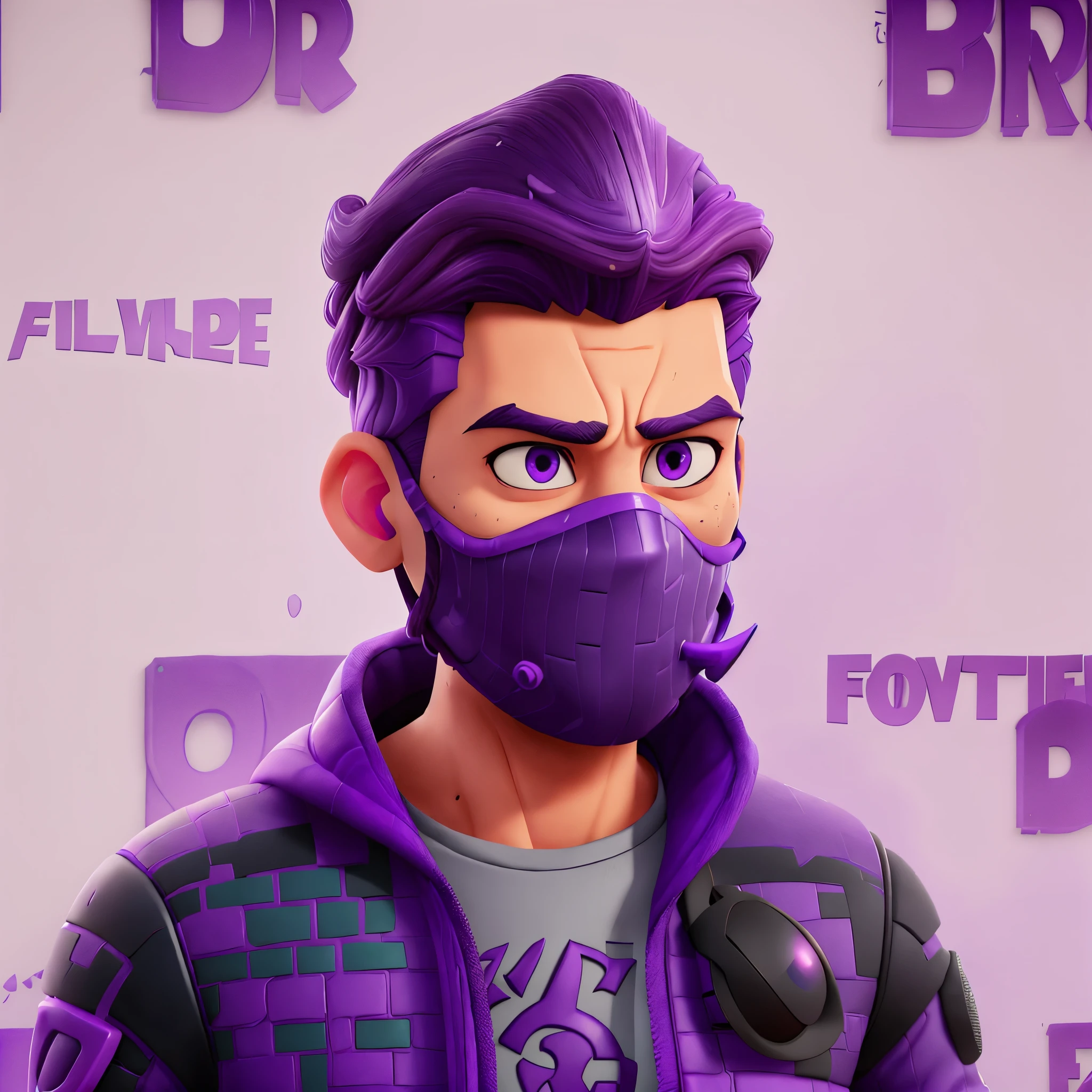 arafed man with purple mask futuristic VR box and purple jacket standing in front of a wall of purple speech bubbles, fortnite art style, epic art style, realism in style of fornite game, clean artstyle, stylized 3 d, fortnite character, stylized anime, realistic artstyle, fortnite style, purple skin, unknown artstyle, vibrant fan art