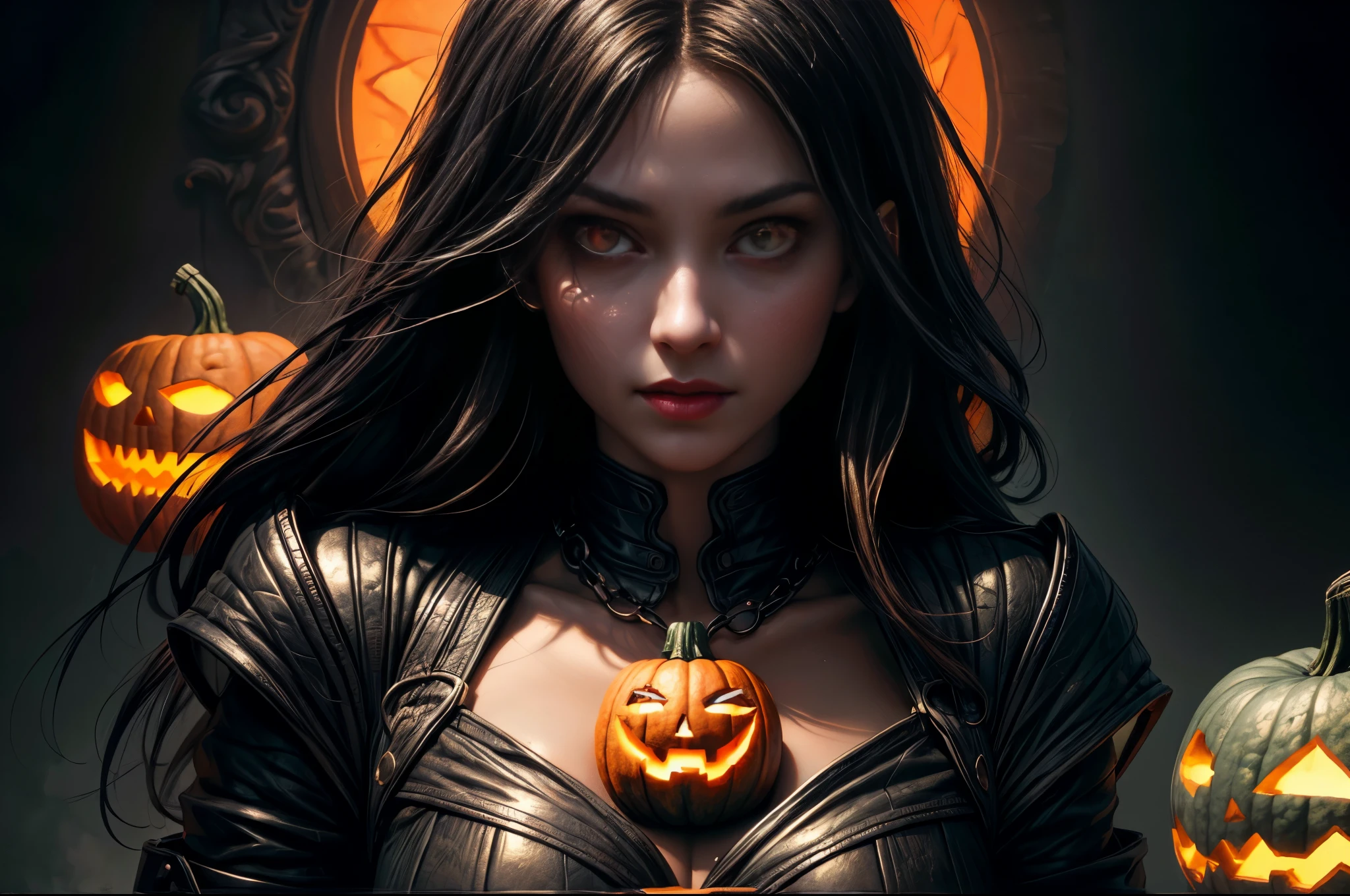 Pumpkin carved art of female vampire carved from pumpkin, glowing red eyes, reflection light, high details, best quality, 16k, [ultra detailed], masterpiece, best quality, (extremely detailed), close up, ultra wide shot, photorealistic, RAW, fantasy art, dnd art, fantasy art, realistic art,((best quality)), ((masterpiece)), (detailed), perfect face