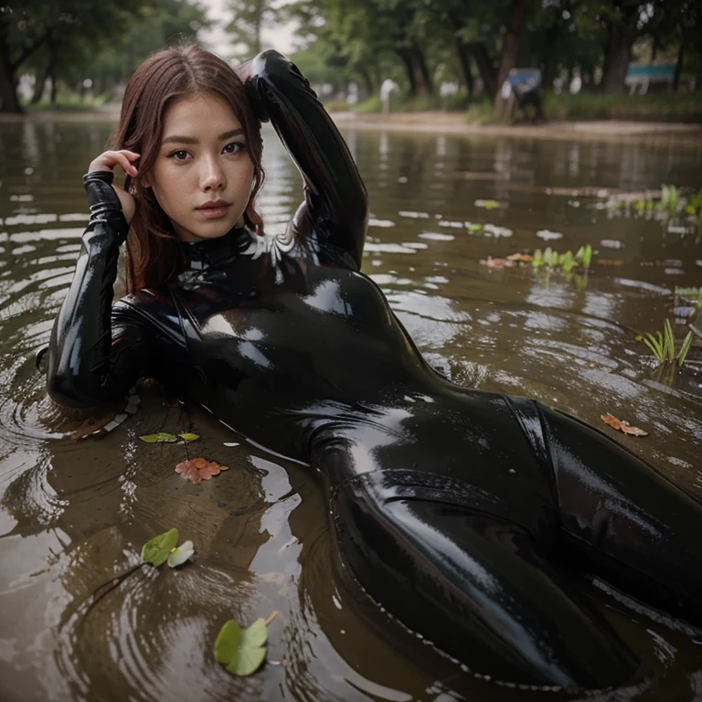 Rosé Park emerging wet from a lake in a swamp like a secret agent-prostitute wearing a black latex bodysuit