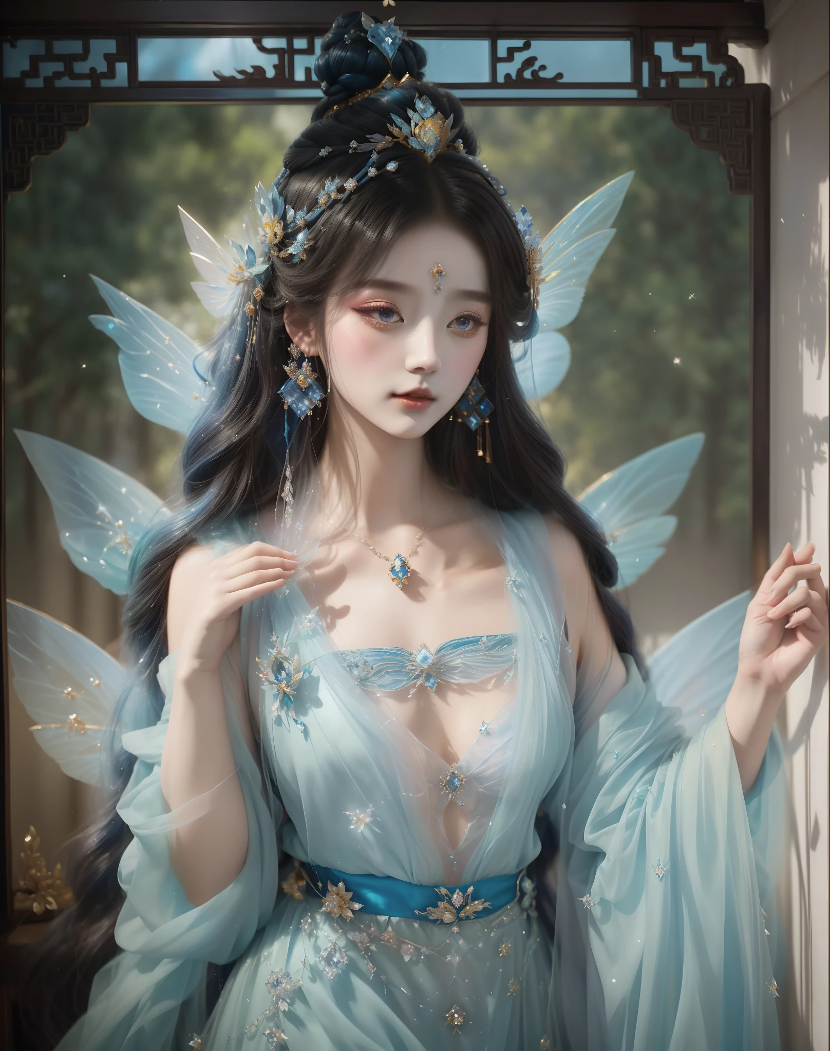 Franco-German image of a woman in a blue dress, beautiful fantasy queen, palace ， A girl wearing Hanfu, ((Beautiful fantasy emperor body fairy, Inspired by Lan Ying, Inspired by Qiu Ying, Inspired by Ma Yuanyu, Inspired by Tang Yifen, Inspired by Li Meihu, Inspired by Zhao Yuan