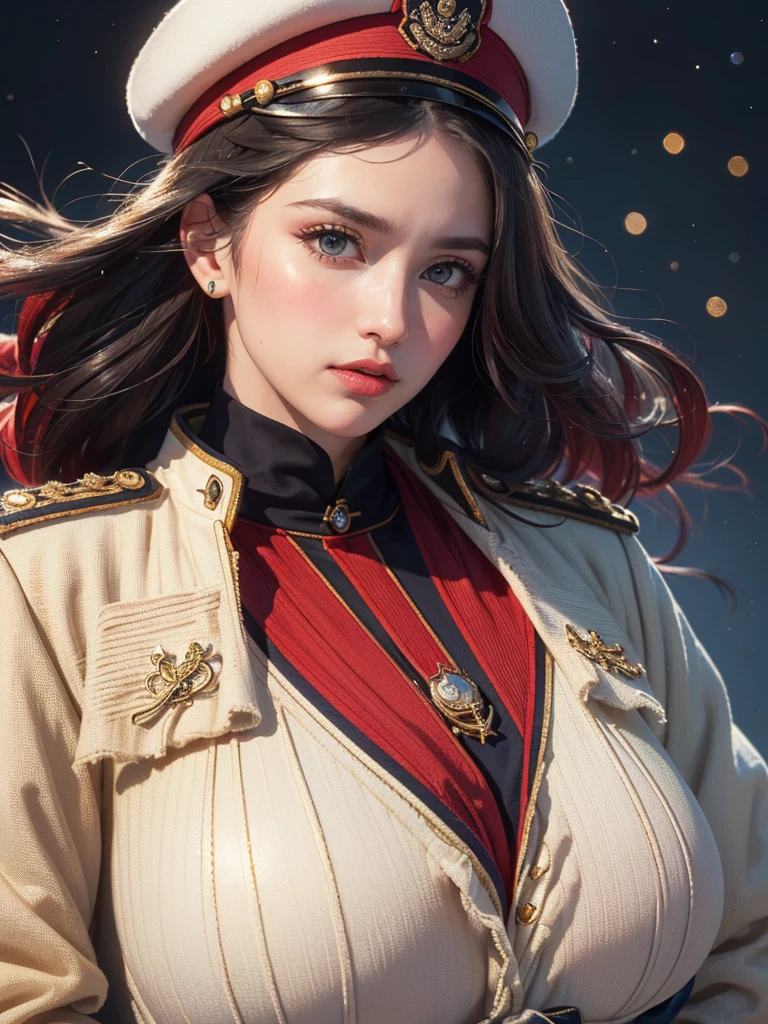 (UHD, retina, masterpiece, ccurate, anatomically correct, textured skin, super detail, high details, high quality, best quality, highres, 1080P, HD, 4K, 8k, 16k), (beautiful detailed eyes, beautiful detailed lips, extremely detailed eyes and face), studio lighting, physically-based rendering, vivid colors, (large breasts, glamorous body), (royal red color, naval uniform coat, rank insignia:1.5), (peaked cap:1.2), (portrait, shiny hair, shiny skin, blush, hair blowing in the wind), (simple background, bokeh:1.5), eye reflection, jet black hair, (gigantic breasts:1.3)