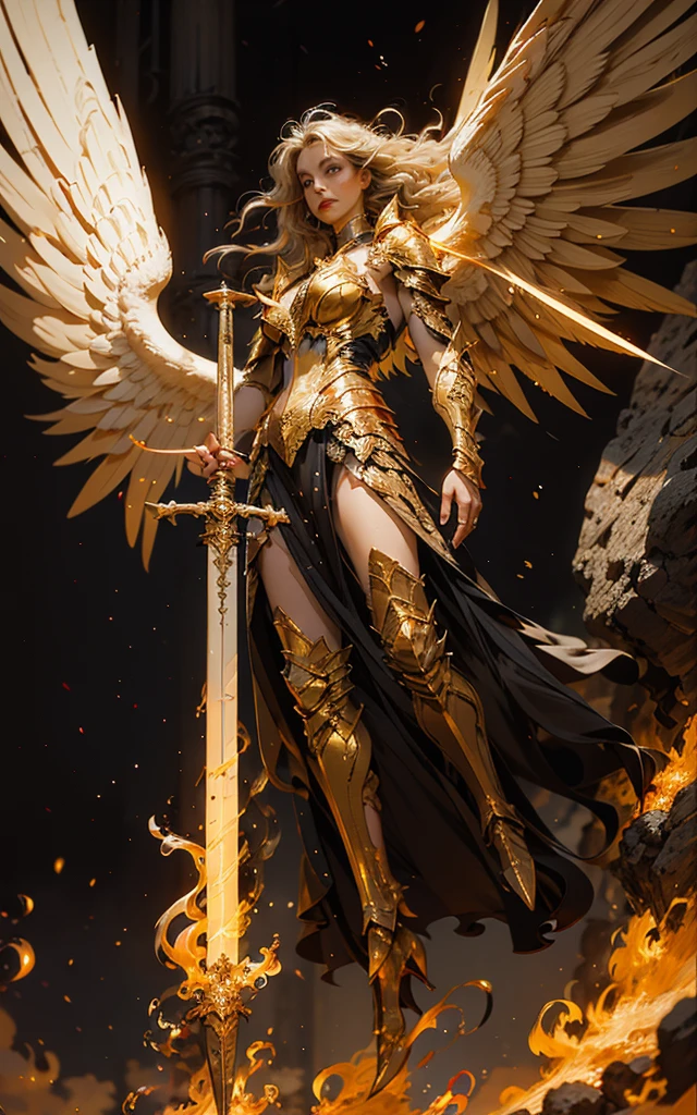 Angel,Super powerful flame Angel flies out of the clouds, The golden meteor magic behind him surrounds his body, gothic style, Gorgeous golden armor, huge flaming greatsword, rich background, Sword art background, Filming, depth of field, Super Vision, Super Vision ,
(bare shoulders bare shoulders:1.1)华丽铠甲 Angel之翼. Huge Angel wings
