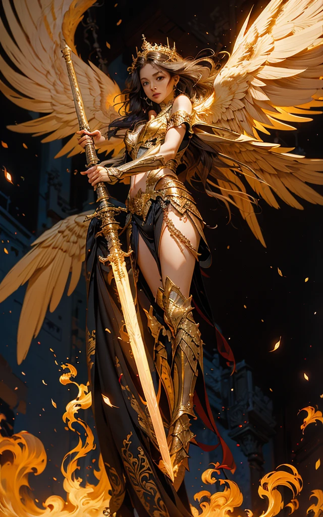 Angel,Super powerful flame Angel flies out of the clouds, The golden meteor magic behind him surrounds his body, gothic style, Gorgeous golden armor, huge flaming greatsword, rich background, Sword art background, Filming, depth of field, Super Vision, Super Vision ,
(bare shoulders bare shoulders:1.1)华丽铠甲 Angel之翼. Huge Angel wings
