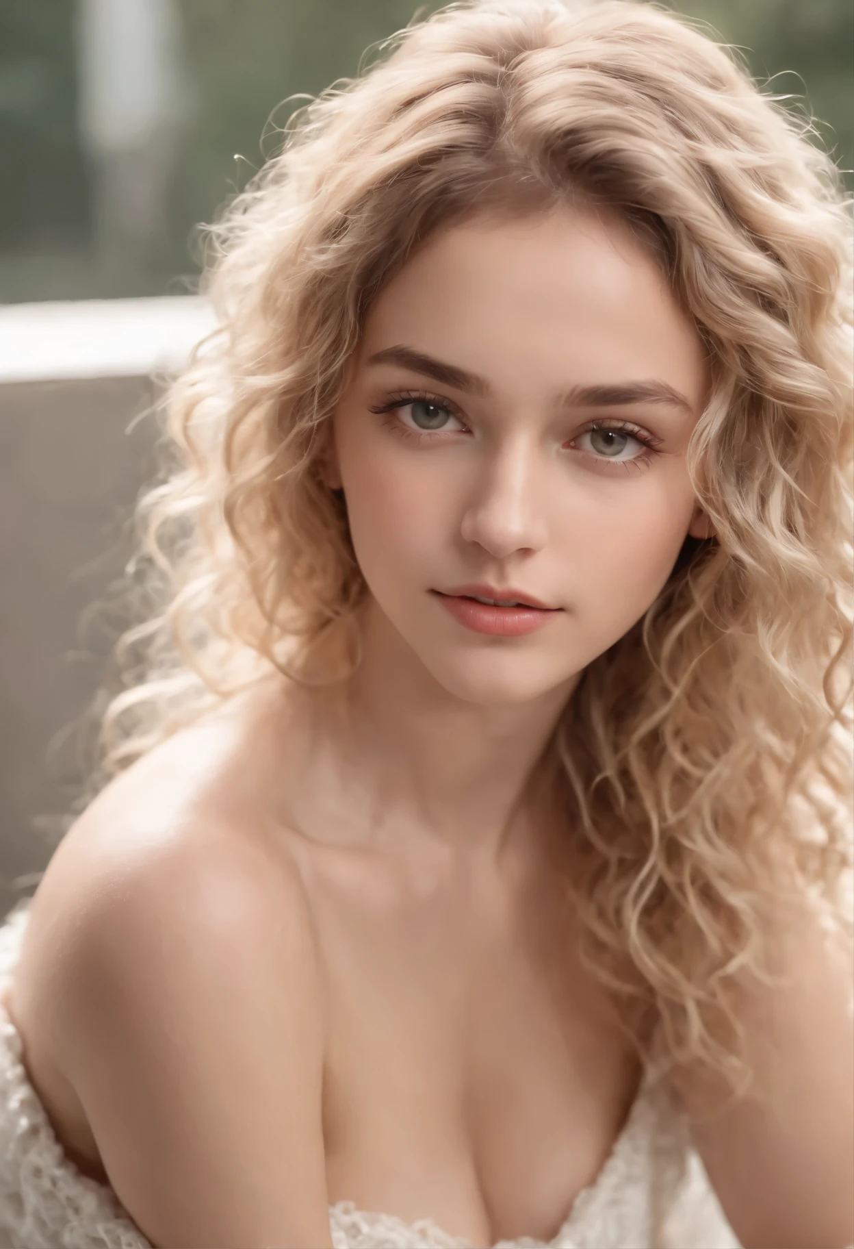Full body photo face to feet, Twelve-year-old beautiful blonde girl, squat down pose, open legs looks like, perfect face details, wearing a very transparent clear off-shoulder sleevless very short dress, long curly messy hair, uncover back, perfect physique body uncover back, back reflection, perfect , goddess, big melons, unclothed, soft skin, long curly messy hair, wide hazel romantic eyes, perfect face details, cinematic realistic photography, 8k stunning, more details