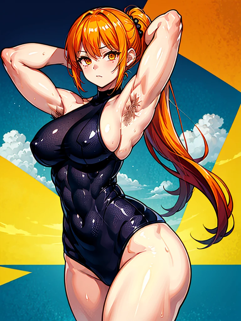 （（（masterpiece、Highest image quality、highest quality、highly detailed unity 8ｋwallpaper）））、（（Illustration of one girl））、（（（beautiful girl）））、（（orange hair、side ponytail、sidelocks：1.4、orange eyes））、（（（stocky build：1.5, thickset physique：1.6, muscular legs, broad shoulders, solid chest：1.5）））、（（（orange hairy armpits：1.4）））、(armpit hair:1.4)、swimsuit、sandy beach