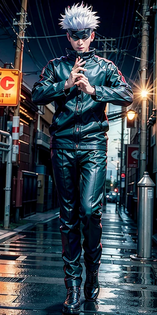 1boy, half body shot, perfect hand and fingers, satoru gojo, blindfold, black outfit, white hair, look at sky, smirk, red and blue energy, city night background, wallpaper, cinematic,High resolution 8K, Bright light illumination, lens flare, sharpness, masterpiece, top-quality, The ultra -The high-definition, high resolution, extremely details CG, Anime style, Film Portrait Photography,masterpiece,hyperdetail