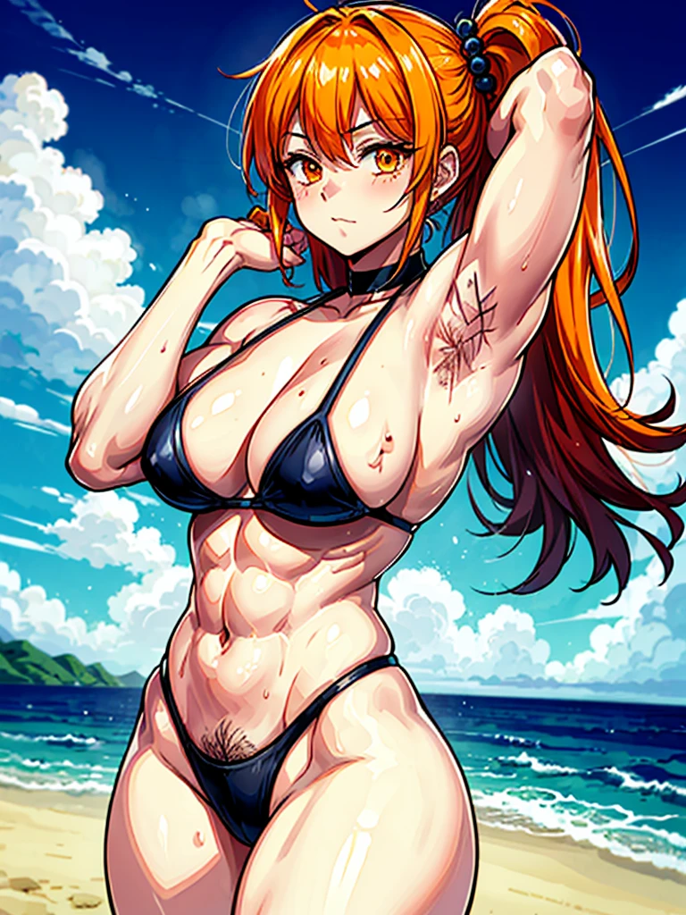 （（（masterpiece、Highest image quality、highest quality、highly detailed unity 8ｋwallpaper）））、（（Illustration of one girl））、（（（beautiful girl）））、（（orange hair、side ponytail、sidelocks：1.4、orange eyes））、（（（stocky build：1.5, thickset physique：1.6, muscular legs, broad shoulders, solid chest：1.5）））、（（（orange hairy armpits：1.4）））、(armpit hair:1.4)、swimsuit、sandy beach