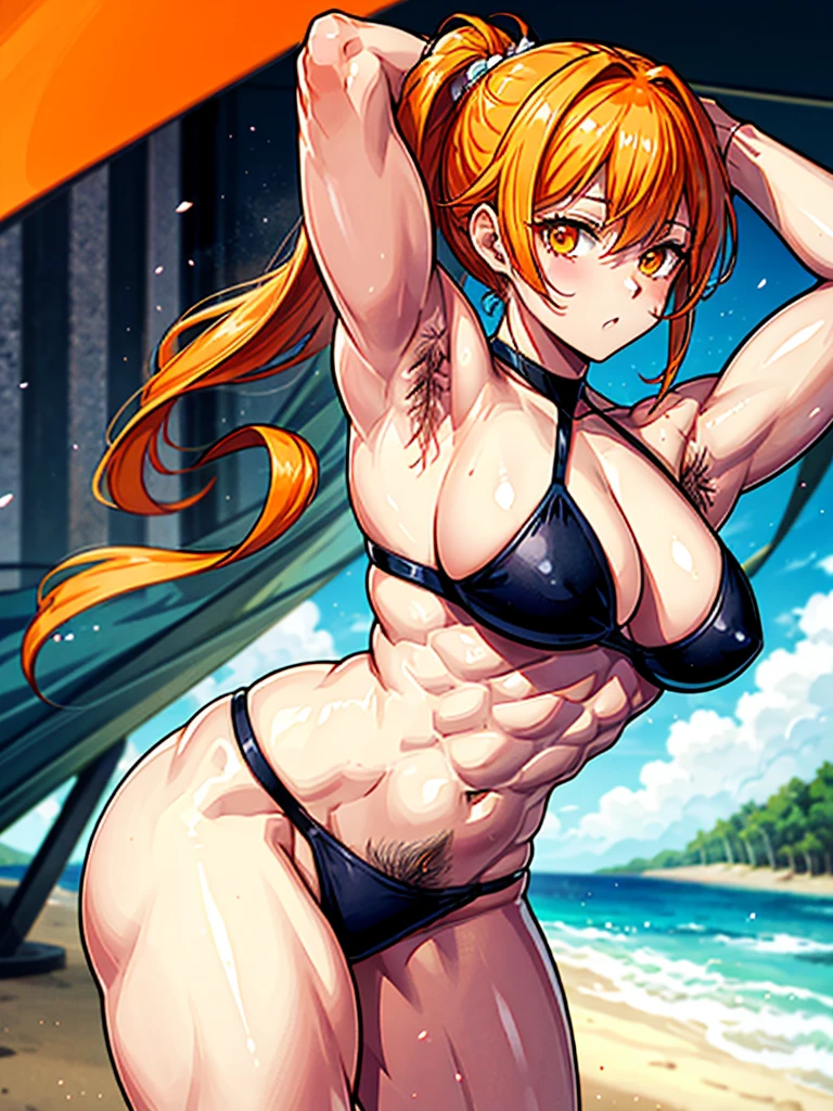 (((masterpiece、Highest image quality、highest quality、highly detailed unity 8kwallpaper)))、((Illustration of one girl))、(((beautiful girl)))、((orange hair、side ponytail、sidelocks:1.4、orange eyes))、(((stocky build:1.5, thickset physique:1.6, muscular legs, broad shoulders, solid chest:1.5)))、(((orange hairy armpits:1.4)))、(armpit hair:1.4)、swimsuit、sandy beach