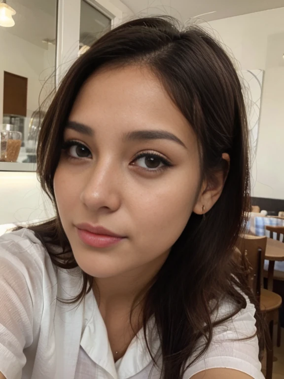 Foto de uma mulher morena de 20 anos, que tem um rosto muito natural,  labios finos, olhos finos, sobrancelhas finas, nariz fino, brincos, long eyelashes. She takes a cute selfie in a cafe