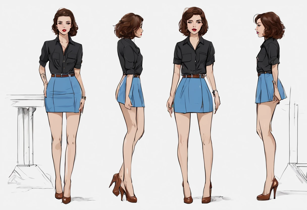 Full body sketch in multiple poses of Latin woman Alicia Hernández, perfectly shaded body, 21 years old, short, straight brown hair, blue eyes, long eyelashes, perfectly outlined eyebrows, high heels that highlight her delicacy, shaved legs, short blue skirt and blouse torn black, long nails, brown hands, burnished skin, inside view, big open mouth, beauty, red lips, white background, clean, detailed realistic and perfect proportions from a sfw digital art illustrator.