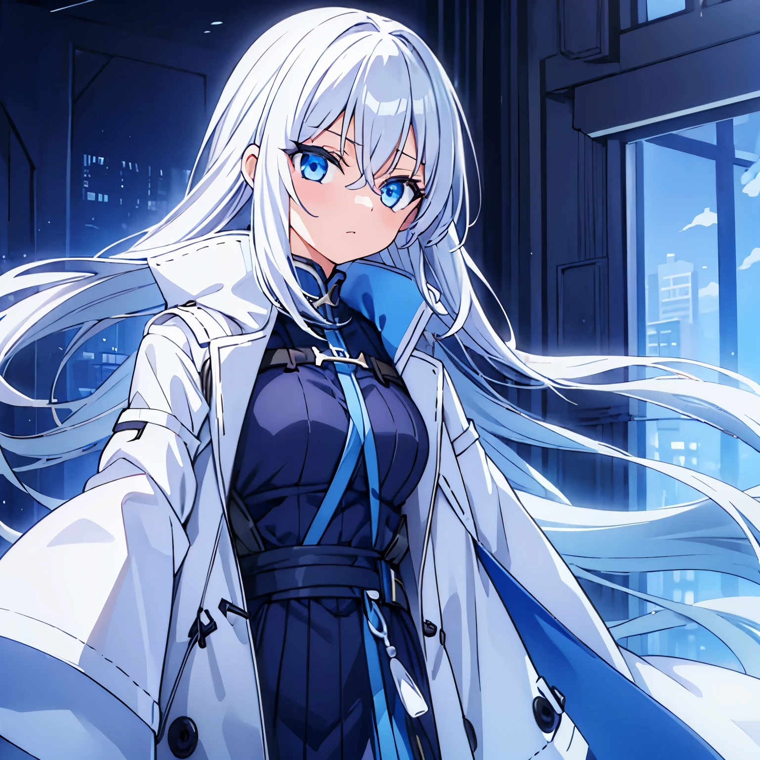 game cg,1lady,precious,(blue hair)|(gray hair)0.5,long hair,blue eyes,medium breasts,((happy tears)),smile,((tears)),wiping tear,night, ,outdoor observation deck,
