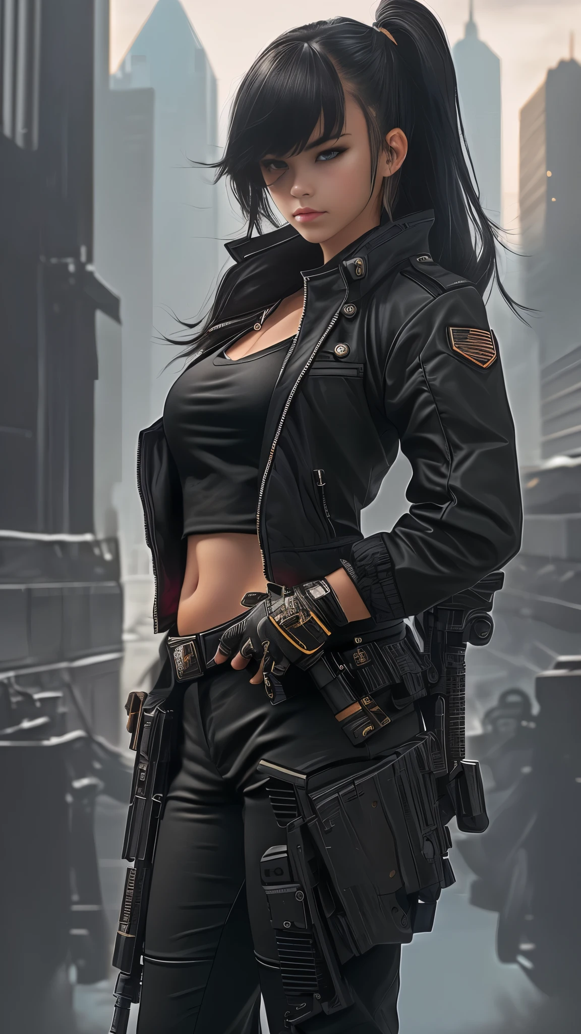 1girl, weapon, holding weapon, gun, cyberpunk, solo, mouth mask, mask, holding, pants, breasts, jacket, black jacket, neon lights, holding gun, black pants, midriff, cleavage, navel, sunglasses, night, looking at viewer, gloves, blue eyes, assault rifle, silver hair, medium_breasts, building, standing, handgun, open jacket, dual wielding, black gloves, jewelry, bangs, cityscape, open clothes, long sleeves, pistol, short hair