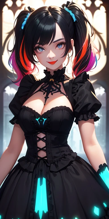 (black hair,colorful fluorescence multicolored  hair:1.5,short twintails:1.5), (masterpiece, sidelights, exquisite beautiful eyes: 1.5), masterpiece*portrait, realistic, ((gothic horror background:1.5)),(Gentle face:1.5),colorful,3D face,(cute face),front view: 1.6、 (glowing red eyes:1.2),(tareme:1.5)、(cute smile:1.5),((blue lips:1.2)),Slim Body, shiny hair, shiny skin: 1.5、medium breasts,、solo,(stand)、(****ta dress:1.5)、(charactor focus:1.5、portlate、eye focus,cowboy shot)、bright atmosphere,intricatedetails