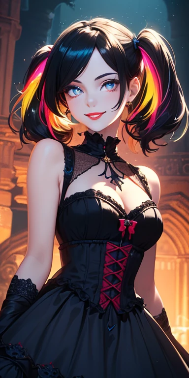 (black hair,colorful fluorescence multicolored hair:1.5,short twintails:1.5), (masterpiece, sidelights, exquisite beautiful eyes: 1.5), masterpieceportrait, realistic, ((gothic horror background:1.5)),(Gentle face:1.5),colorful,3D face,(cute face),front view: 1.6、 (glowing red eyes:1.2),(tareme:1.5)、(cute smile:1.5),((blue lips:1.2)),Slim Body, shiny hair, shiny skin: 1.5、medium breasts,、solo,(stand)、(ta dress:1.5)、(charactor focus:1.5、portlate、eye focus,cowboy shot)、bright atmosphere,intricatedetails