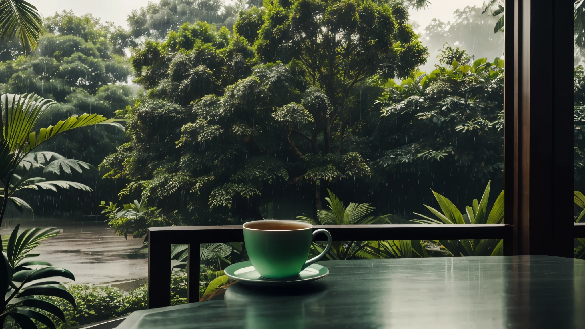 Cinematic scene, in the background, Guy sitting on a chair, there is an empty chair nearby, there is a transparent mug with tea on the armrest, green lush tree in the background, it's raining, dark gray tones, realism, high detail