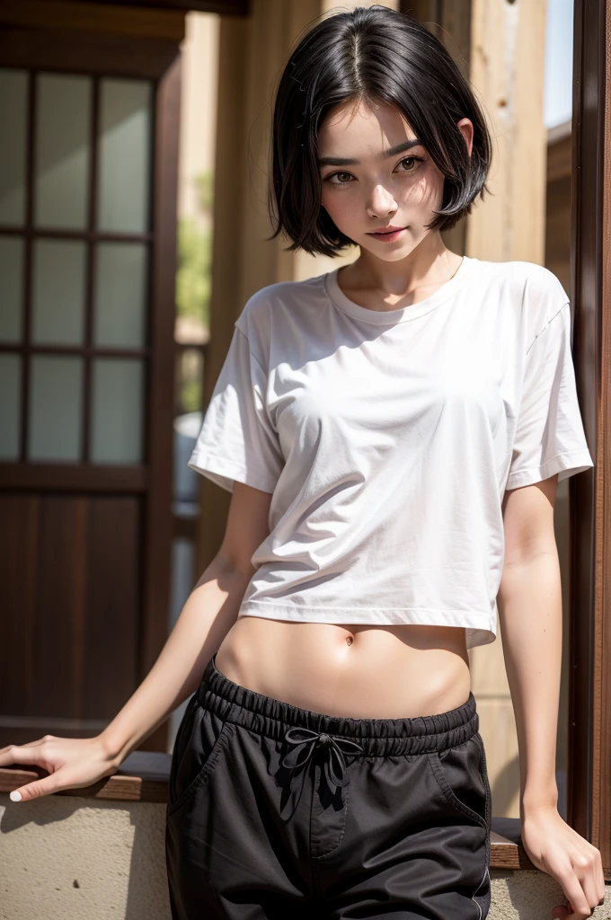 Masterpiece), (Best Quality) 1girl, petite, tomboy, short black hair, pale, perfect skin, dark eyeshadows, casual loose fiting clothes, looks a bit shy, decent smile, sfw, cotton  hareem pants
