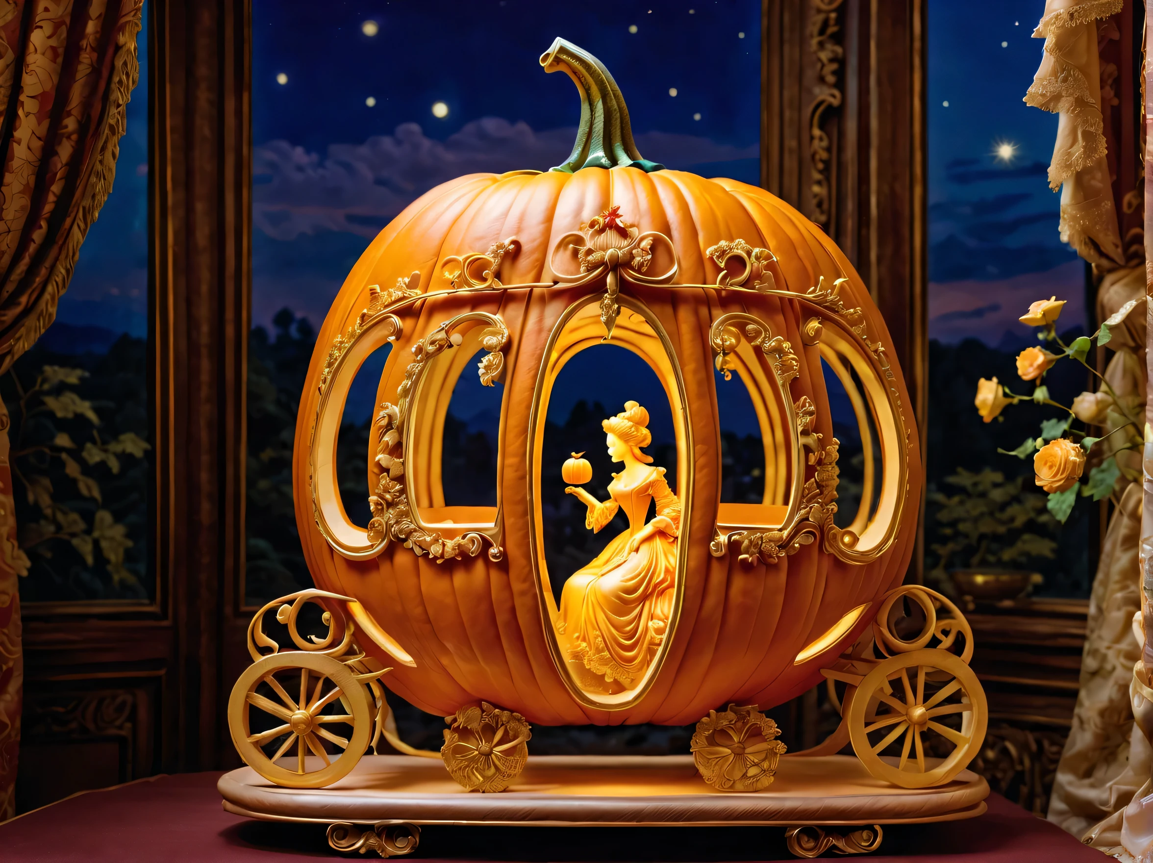 Pumpkin carriage:Carved pumpkin:Art Works:artistic and intricate design:Works made by skilled craftsmen:beautiful,european style,elegant,fantasy,fantasy,magic,masterpiece,Display your work in a rococo style room,light from window,beautiful光と影,最高masterpiece
