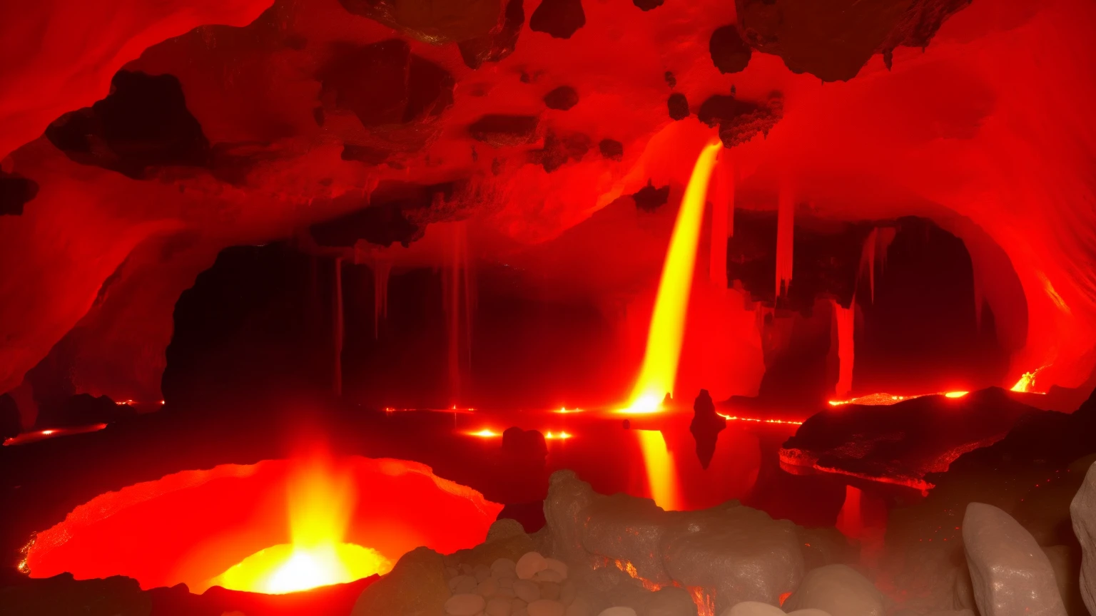 there a cave with a waterfall and a stream of water, red glowing streams of lava, glowing pools of lava, cave reflecting in the lava lake, lava river, magical cave, red lava rivers, streams of glowing hot lava, inside an enormous vast cave, mythical gigantic space cavern, cave glowing stones, waterfall cave, inside of an expansive cave