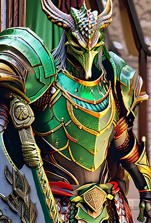 Acenandoth, a Dragonborn cleric, stands tall with emerald-green scales that shimmer in the light. His robust physique exudes strength, complemented by a regal bearing. His eyes, a piercing gold, reflect wisdom acquired through years of devout service.