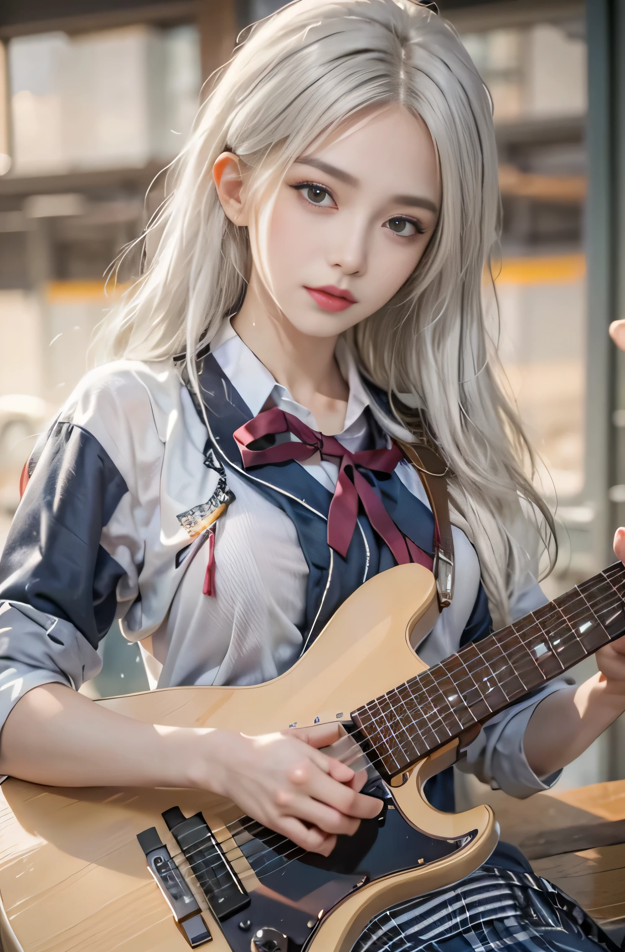 realistic, High resolution, 1 female, alone, hip up, look at viewer, (detailed face), gray hair, long hair, medium breasts, japanese school uniform, I'm playing guitar