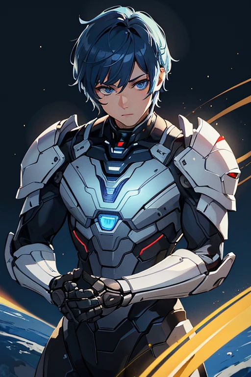 (masterpiece:1.2,high quality), male, ((ultra realistic details)), global illumination, shadows, Unreal Engine, 8k, ultra sharp, blue eyes, (mechanical body:1.2), blue hair, (android:1.15), space background, guy, short hair