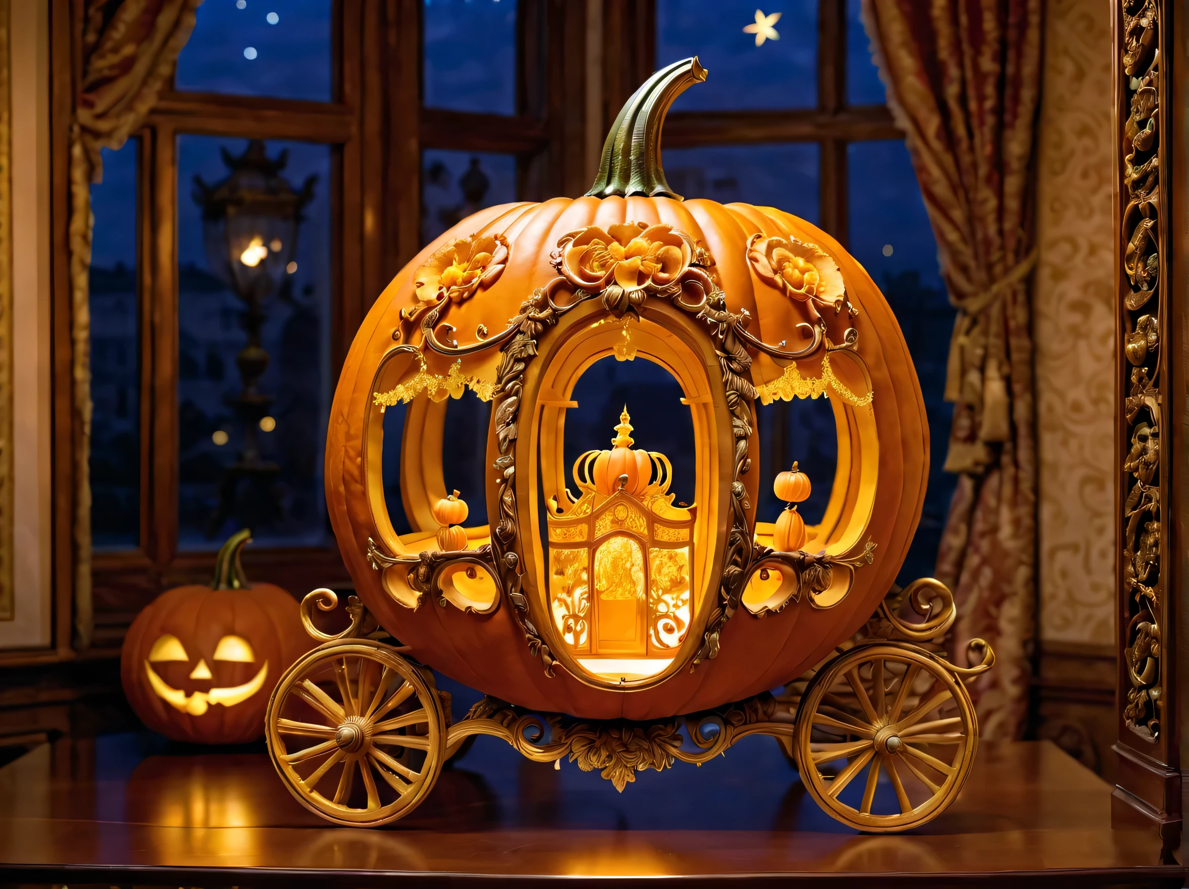 Pumpkin carriage:Carved pumpkin:Art Works:artistic and intricate design:Works made by skilled craftsmen:beautiful,european style,elegant,fantasy,fantasy,magic,masterpiece,Display your work in a rococo style room,light from window,beautiful光と影,最高masterpiece