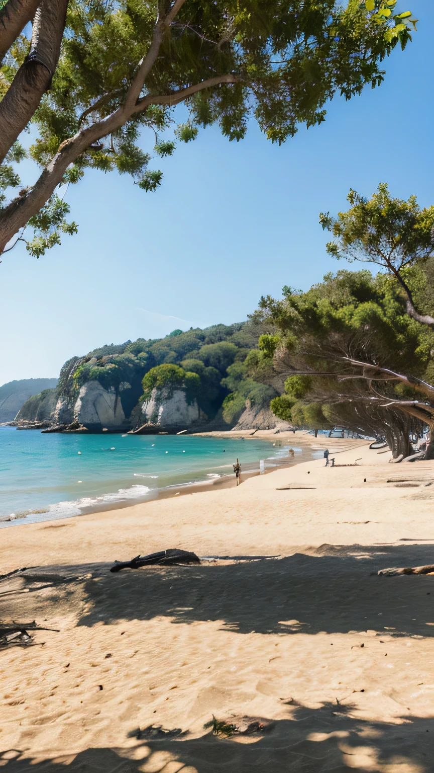 Create a realistic image of a peninsula, with beach and plane trees. Highlight the peninsula in the image.