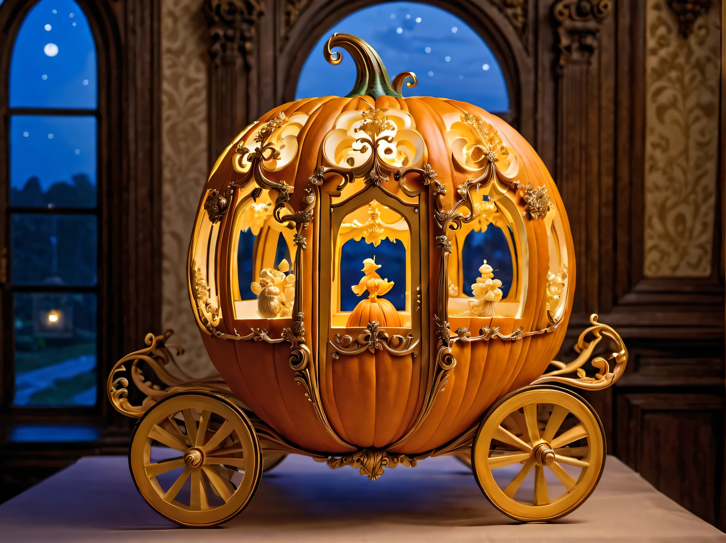 Pumpkin carriage:Carved pumpkin:Art Works:artistic and intricate design:Works made by skilled craftsmen:beautiful,european style,elegant,fantasy,fantasy,magic,masterpiece,Display your work in a rococo style room,light from window,beautiful光と影,最高masterpiece