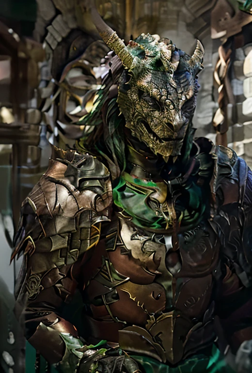 Acenandoth, a Dragonborn cleric, stands tall with emerald-green scales that shimmer in the light. His robust physique exudes strength, complemented by a regal bearing. His eyes, a piercing gold, reflect wisdom acquired through years of devout service.