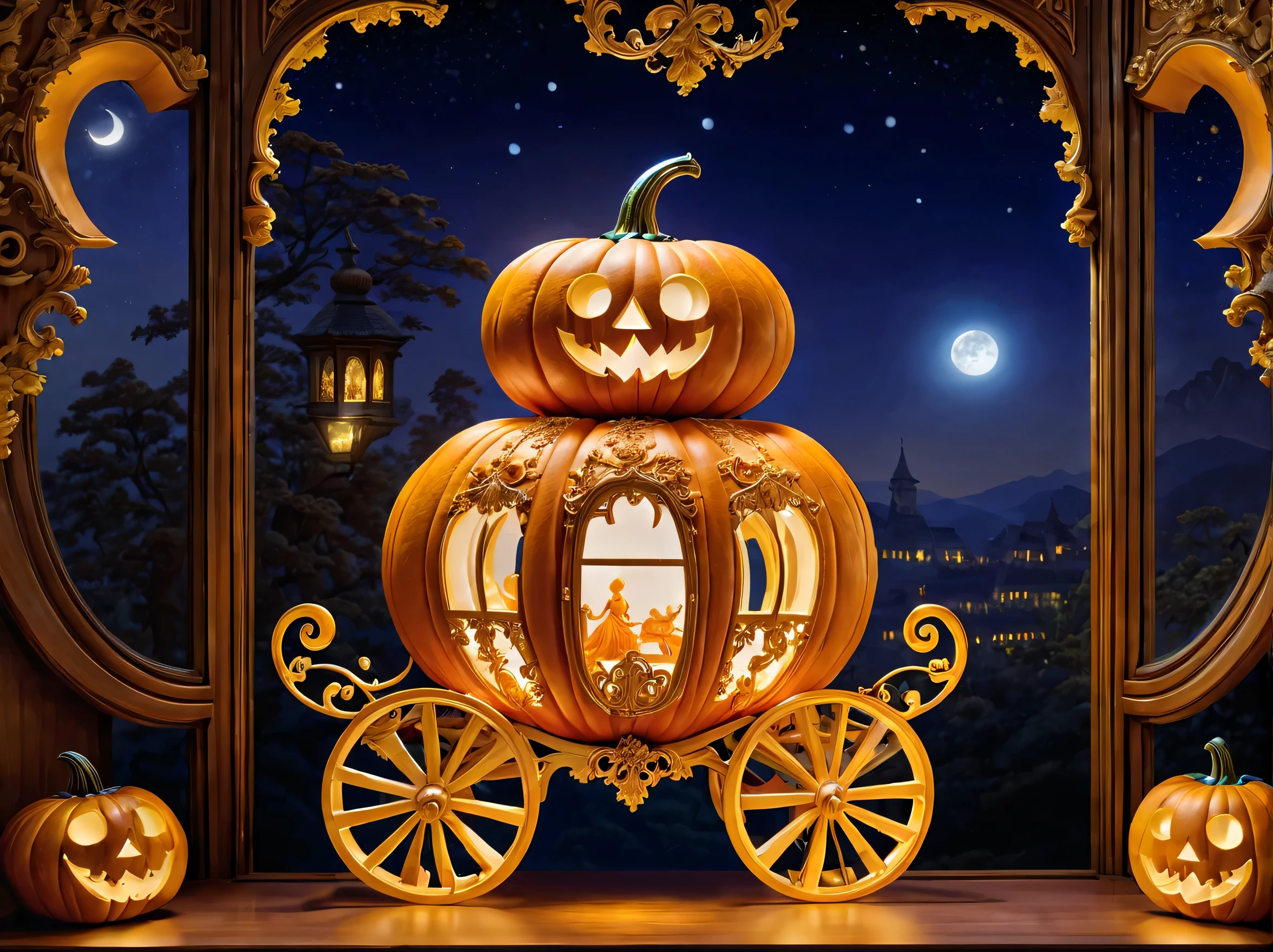 Pumpkin carriage:Carved pumpkin:Art Works:artistic and intricate design:Works made by skilled craftsmen:beautiful,european style,elegant,fantasy,fantasy,magic,masterpiece,Display your work in a rococo style room,light from window:moonlight,beautiful光と影,最高masterpiece