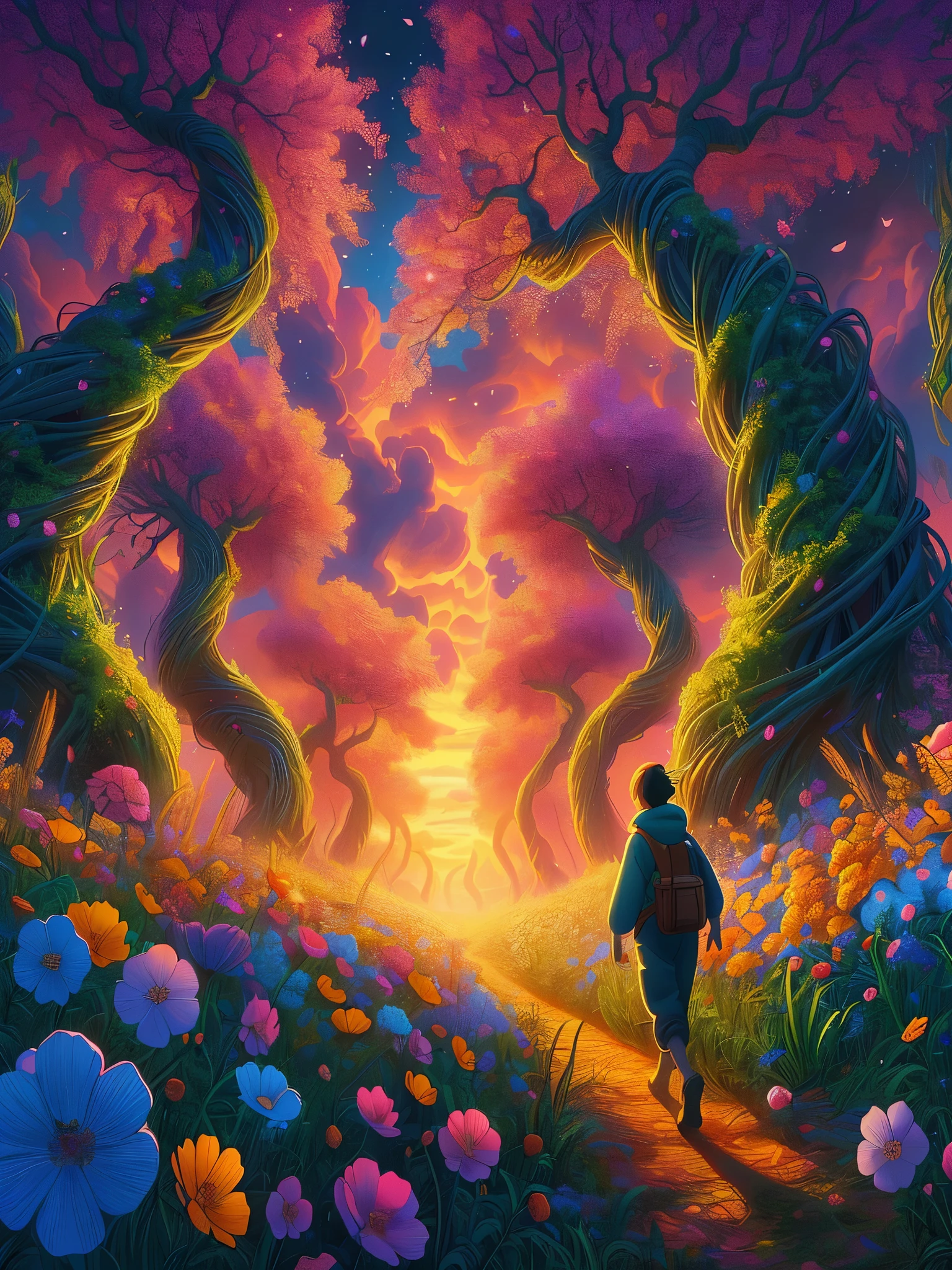 Draw an anime simple art scene of Amidst the kaleidoscope of unearthly blossoms, the adventurer discovers a hidden path weaving through trail full of wildflowers, the celestial sky, lofi, ghibli style, vibrant color tones, sunset, mysterious trees