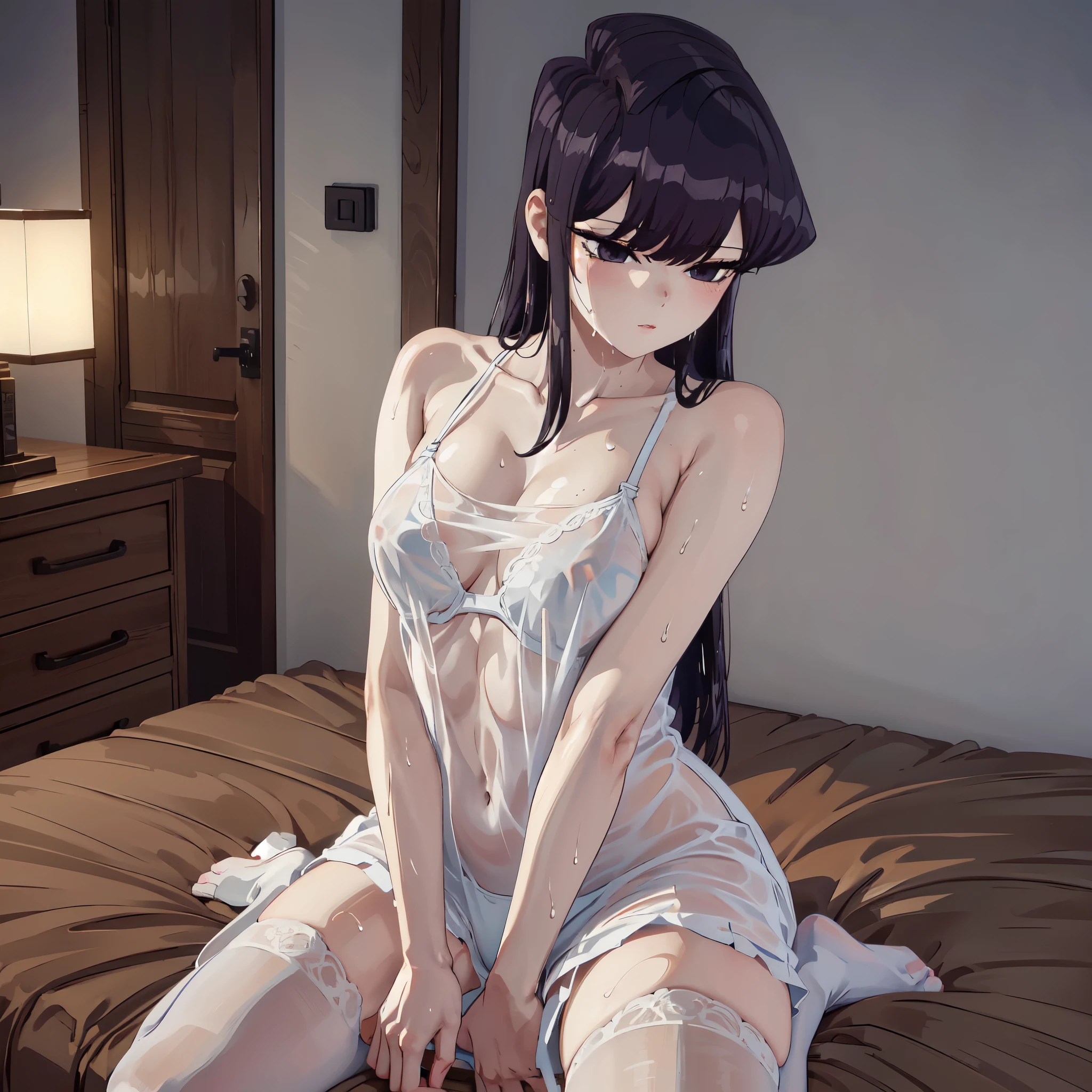 ((komi shouko)), (Amazing lighting), (Perfect Face), (Beautiful Detailed Eyes), (Highly Detailed Face), (Perfect Lighting), (Top-Quality), (High-Quality), (Masterpiece), (Super Detail), (Full Body View), (Looking At View), (Dynamic Pose), (Full Body), 1Girl, (White Underwear , See Through Underwear (Visible Tits), (Visible Clitoral)), Tits Focus, Clitoral Focus, Thick Focus, sitting, sitting on the School Desk, School Desk, Spread Legs, Small Breast, Anime Teen, Small Breast Proportions, Small Breast, Thick, Realistic, NSFW, Curvy, Sexy, Attractive Anime Girl, Drenched in Sweat, Wet body,Classroom, Sakura Tree