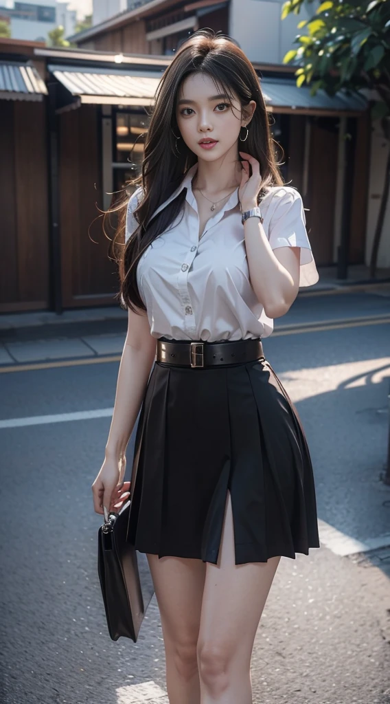 ผู้หญิงญี่ปุ่นที่charming, charming, charmingน่าหลงใหล, black hair, I'm scanning in the middle........., long hair long hairมาก......, long hairตรง, long hair, The wind is blowing..... Bird's eye view of a beautiful woman.., The texture is realistic., elegant, big girl, dynamic gesture, big girl, white short sleeve shirt The shirt is thin and the skin is visible........, The chest is clearly visible......... You will see the breasts.... You will see a pile of milk.... black cylindrical skirt black cylindrical skirt, short skirt, Black leather skirt with women's belt, Symmetrical shape, sexy figure, The heel is completely black., earring, Put on a watch......full body photo, Look at every part of the body...., university backdrop