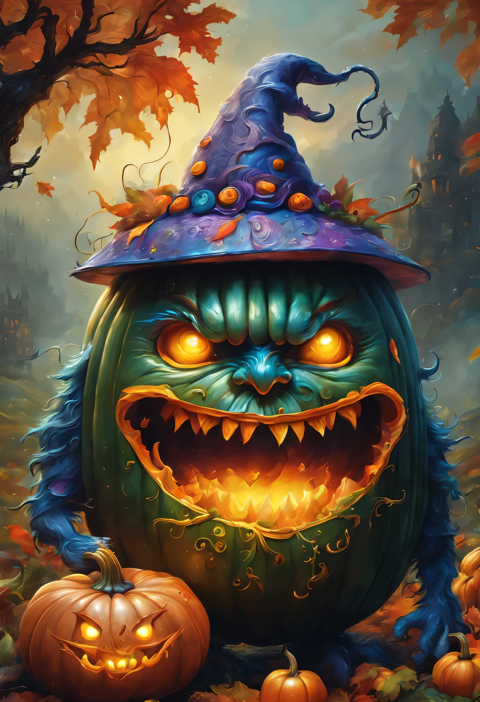 colorful pumpkin monster,Carved pumpkin,soup pot, artistically expressed, stylish alexander jansson, amazingly beautiful work, Landscape characters and elements fit perfectly within the image frame, Detailed realization, Definition High Quality, expressive face, clear eyes,masterpiece,wonderful,cute pumpkin monster