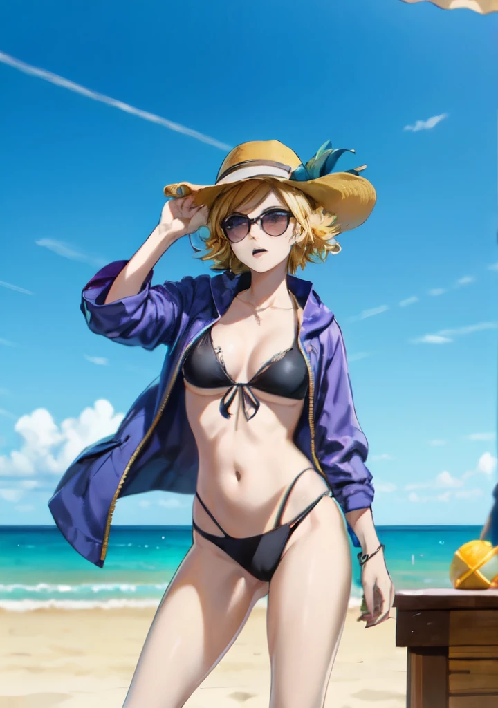 (obra maestra:1.2, Mejor calidad), (1 dama, Solo, parte superior del cuerpo:1.2), ropa: bikini blanco, Sombrero de ala ancha, Sandalias de tiras, Accesorios: collar de conchas, gafas de sol tintadas, cabello: loose playa wavy, constituir: natural, piel brillante, Comportamiento: relajado, despreocupado, free-spirited, Location: playa, Complejo, Festival al aire libre, pechos grandes, empapado, (hermoso rostro detallado, hermosos ojos detallados), (rayo de sol, luz de sol, Rosa, Viento)