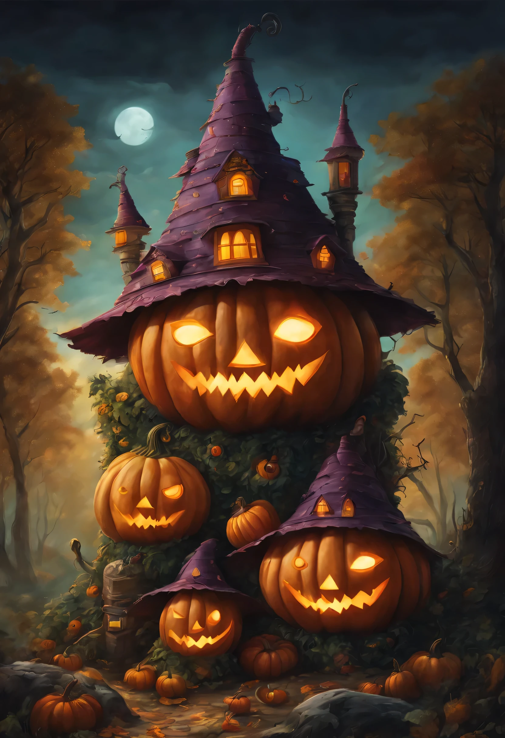 colorful pumpkin monster,Carved pumpkin,soup pot, artistically expressed, stylish alexander jansson, amazingly beautiful work, Landscape characters and elements fit perfectly within the image frame, Detailed realization, Definition High Quality, expressive face, clear eyes,masterpiece,ghost house,cute pumpkin monster