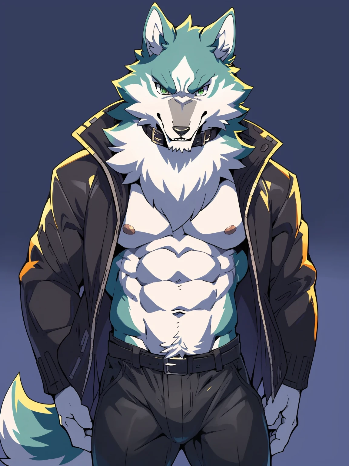 shirou, brand new animal, studio trigger, shirou ogami, canid, canine, canis, mammal, wolf, abs, anthro, black bottomwear, black clothing, black jacket, black pants, black topwear, bottomwear, clothed, clothing, countershading, fur, green body, green eyes, green fur, gun, jacket, kemono, looking at viewer, smile, male, muscular, muscular anthro, muscular male, open clothing, open jacket, open topwear, pants, ranged weapon, simple background, solo, topwear, weapon, white background, white body, white countershading, by dr.kiyo, by takemoto arashi, by null-ghost, by canyne khai, masterpiece, best quality, anime, anime style, digital flat colors, sharp shadows, shaded, male focus, extreme detailed illustration, good anatomy, detailed RPG CG,