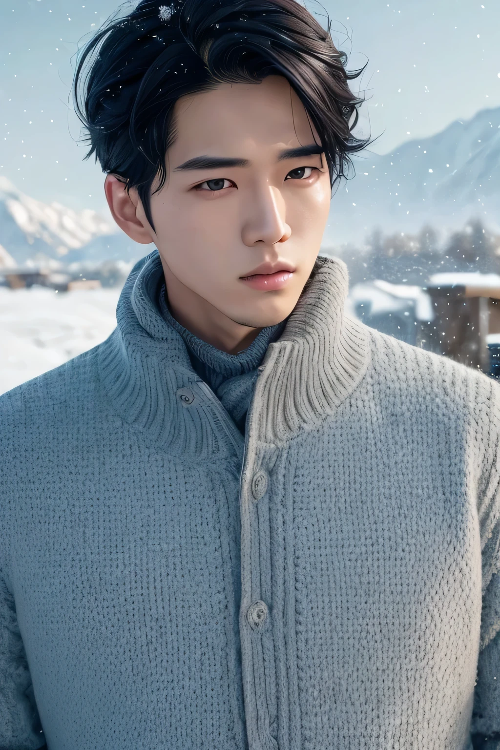 highest quality, 8K, alone, masterpiece, a handsome guy, korean man, black hair , blown eyes, 23 years old, Hairstyle showing the forehead, stand in the snow