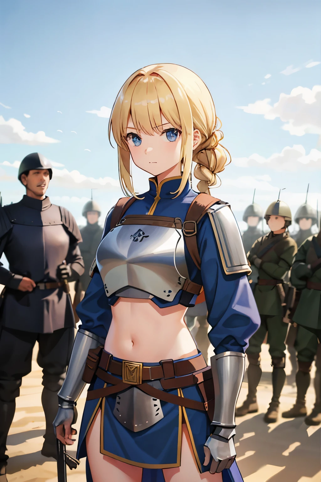A girl in armor stands in front of a large group of soldiers.、Soldiers of the Middle Ages、girl with belly button exposed、Long blonde girl