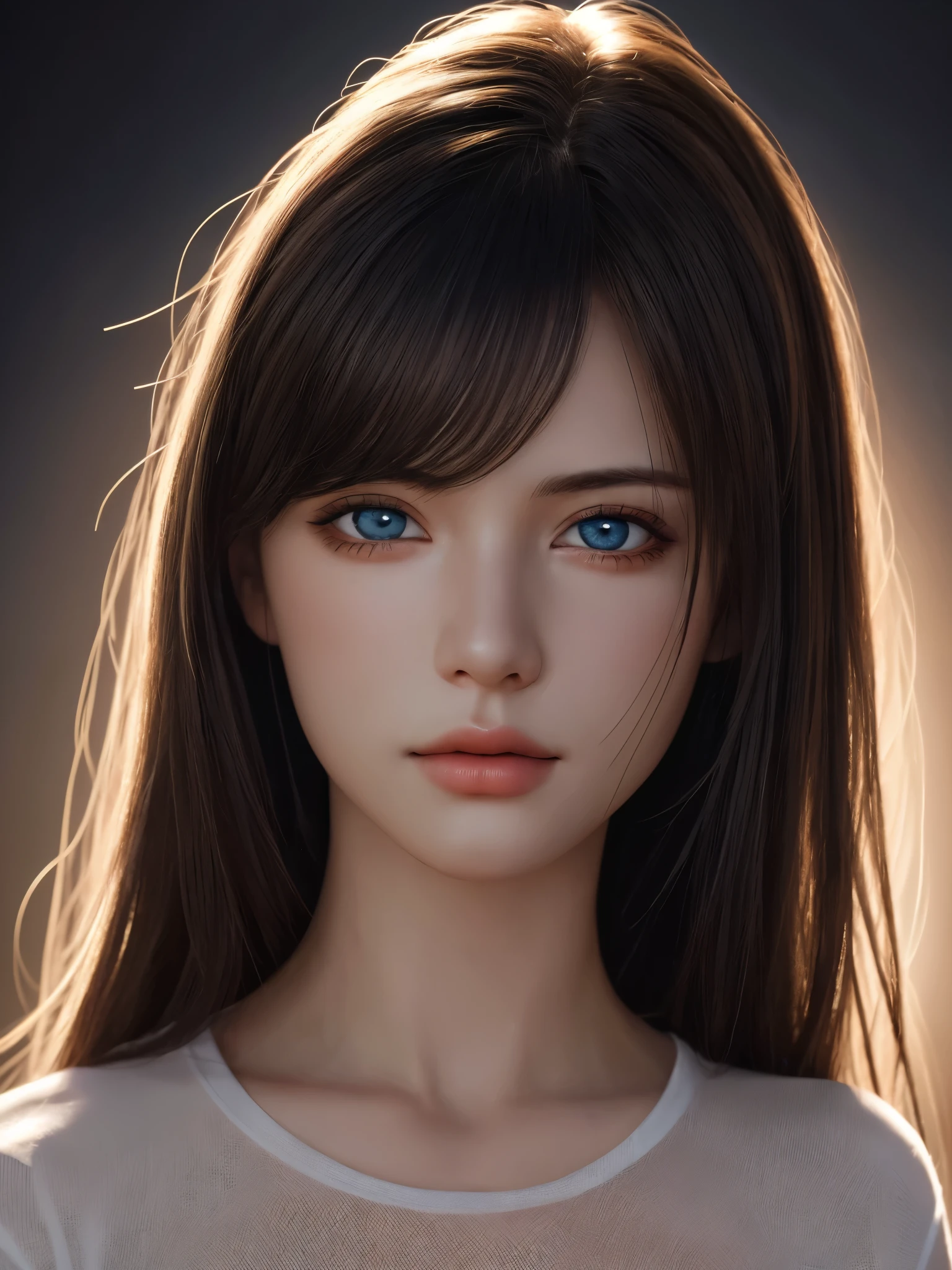 best quality, masterpiece, ultra high resolution, (lifelike:1.37), original photo, 1 girl, long hair, beautiful eyes,  beautiful face, Detailed eyes and face, t-shirt, dynamic lighting, in the darkness, deep shadow, low profile, cowboy shooting