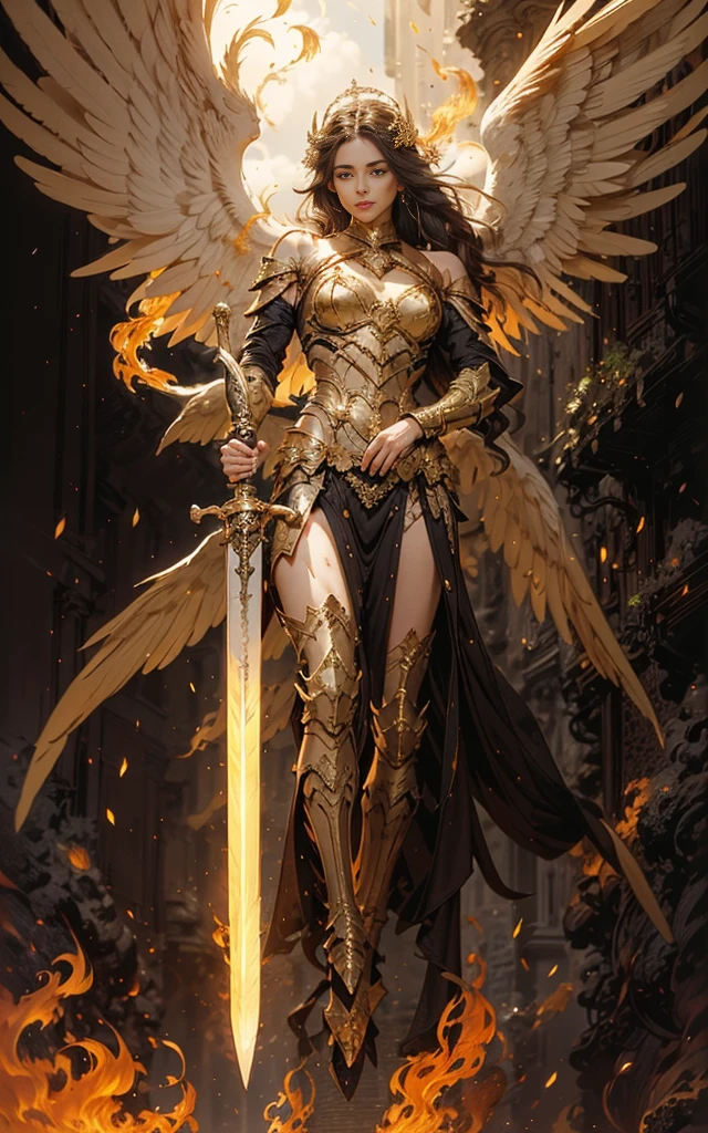 Angel,Super powerful flame Angel flies out of the clouds, The golden meteor magic behind him surrounds his body, gothic style, Gorgeous golden armor, huge flaming greatsword, rich background, Sword art background, Filming, depth of field, Super Vision, Super Vision ,
(bare shoulders bare shoulders:1.1)华丽铠甲 Angel之翼. Huge Angel wings
