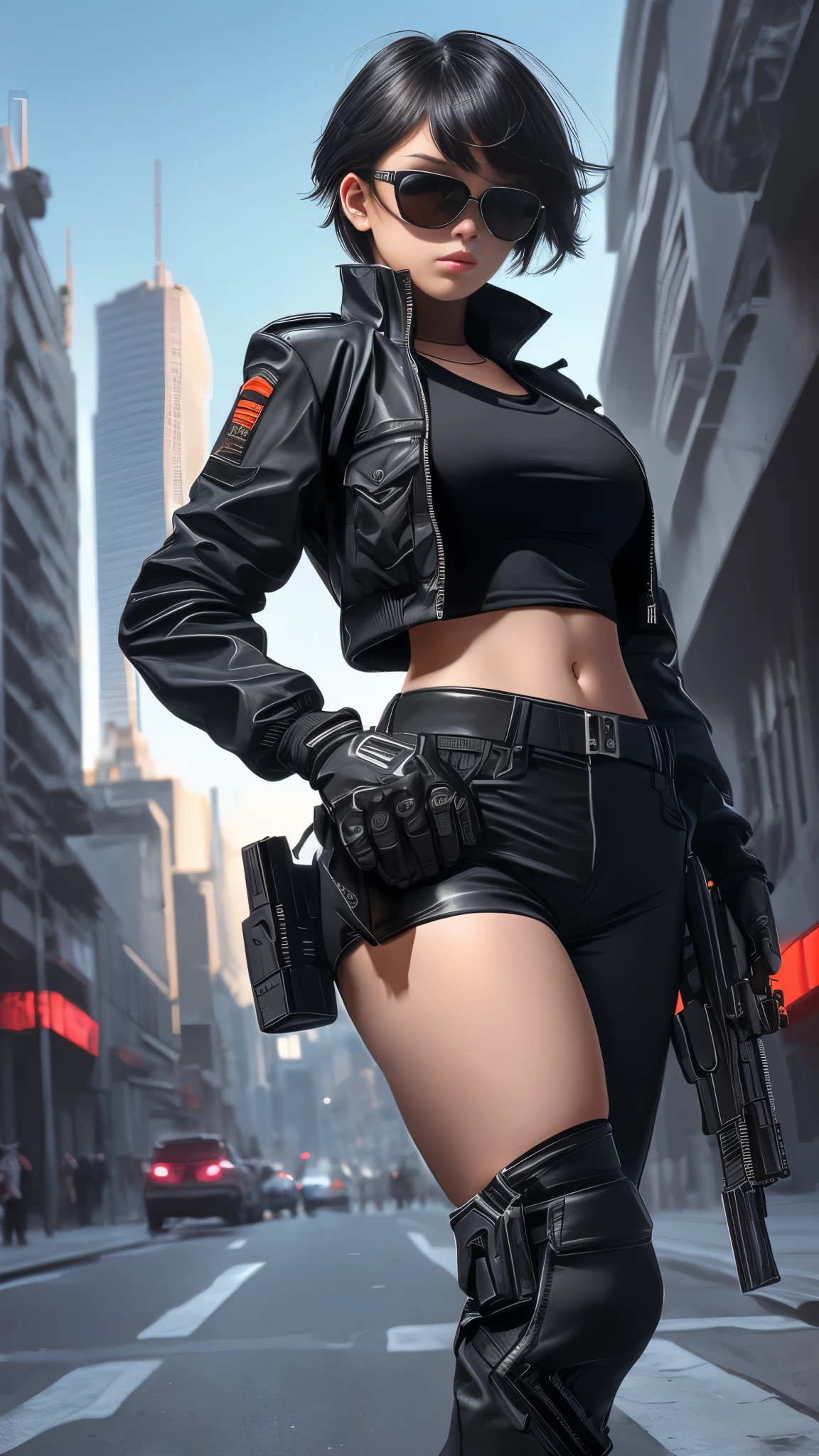 1girl, weapon, holding weapon, gun, cyberpunk, solo, mouth mask, mask, holding, pants, breasts, jacket, black jacket, neon lights, holding gun, black pants, midriff, cleavage, navel, sunglasses, night, looking at viewer, gloves, blue eyes, assault rifle, silver hair, medium_breasts, building, standing, handgun, open jacket, dual wielding, black gloves, jewelry, bangs, cityscape, open clothes, long sleeves, pistol, short hair, perfect hands, perfect fingers