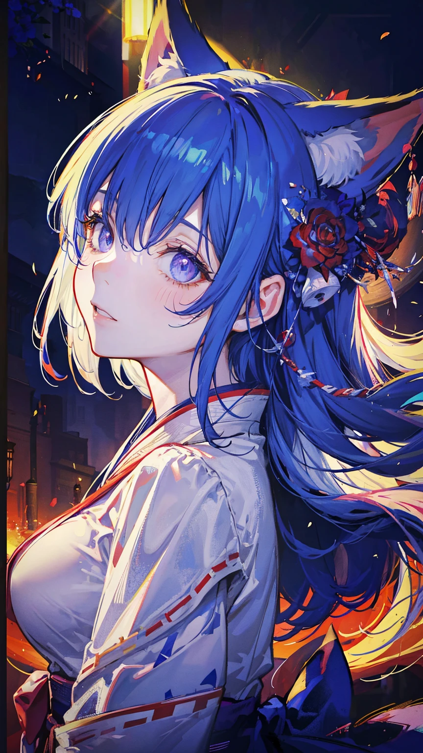 Sfw, (best quality,4k,8k,highres,masterpiece:1.2),ultra-detailed,realistic,beautiful detailed eyes,beautiful detailed lips,extremely detailed eyes and face,long eyelashes,1girl,solo,female photo,cute,big breasts,long blue hair,purple eyes,fox ears,fox tail,shrine maiden,white yukata,red hakama,in the shrine,sunny day,portrait style lighting