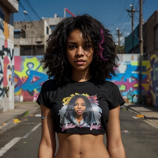 upper body portrait, raw essence of a street style black girl , slim rebellious energy, add cropped tshirt, bikini , vibrant graffiti as backdrop, confident gaze, afro hair, light beams streaming through haze
