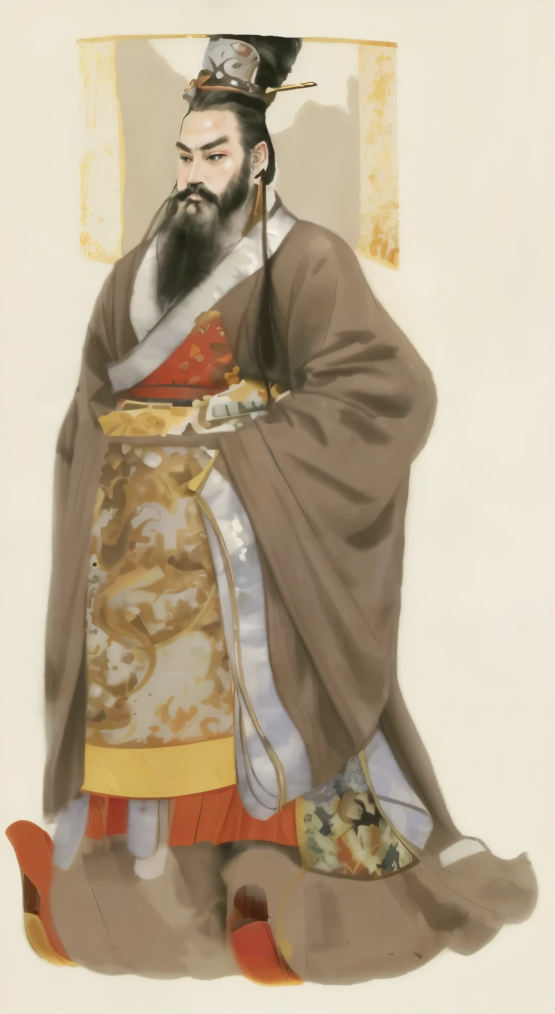 a close up of a painting of a man with a beard, inspired by Wu Daozi, by Xuande Emperor, guan yu, chi-gong, hua cheng, heise jinyao, zhang daqian, style of guo hua, wearing ancient chinese clothes, inspired by Li Cheng, feng shu, qing dynasty, full body xianxia