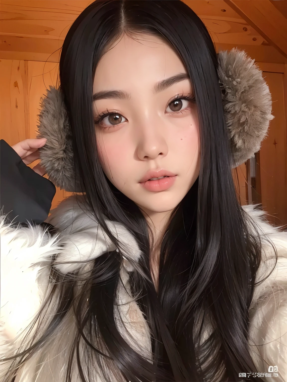 um close up de uma mulher com longos cabelos pretos usando um casaco de pele, Bela Delfina, young cute wan asian face, lindo rosto de garotas japonesas, cabelo preto e olhos grandes, asian face, beautiful asian girl, shikami, sui ishida com cabelo preto, jennie blackpink, deusa japonesa, Xisionwu, Japanese facial features, beautiful chinese model