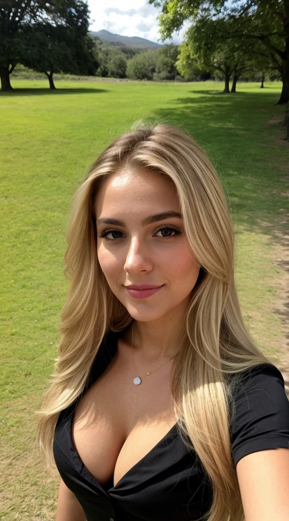 A 23-year-old blonde woman, ((pechos grandes)), ((hiperrealismo)) ,. blonde hair with light brown roots. cabello rubio, Hair with brown roots, cabello extra largo, cabello muy largo, really long hair, Beautiful, Front view, selfie, photo taken with iPhone, elegant black shirt with escote, escotada, selfie in a park , high quality, selfie iPhone 15, cleavage , big tits not shown , sweet , short