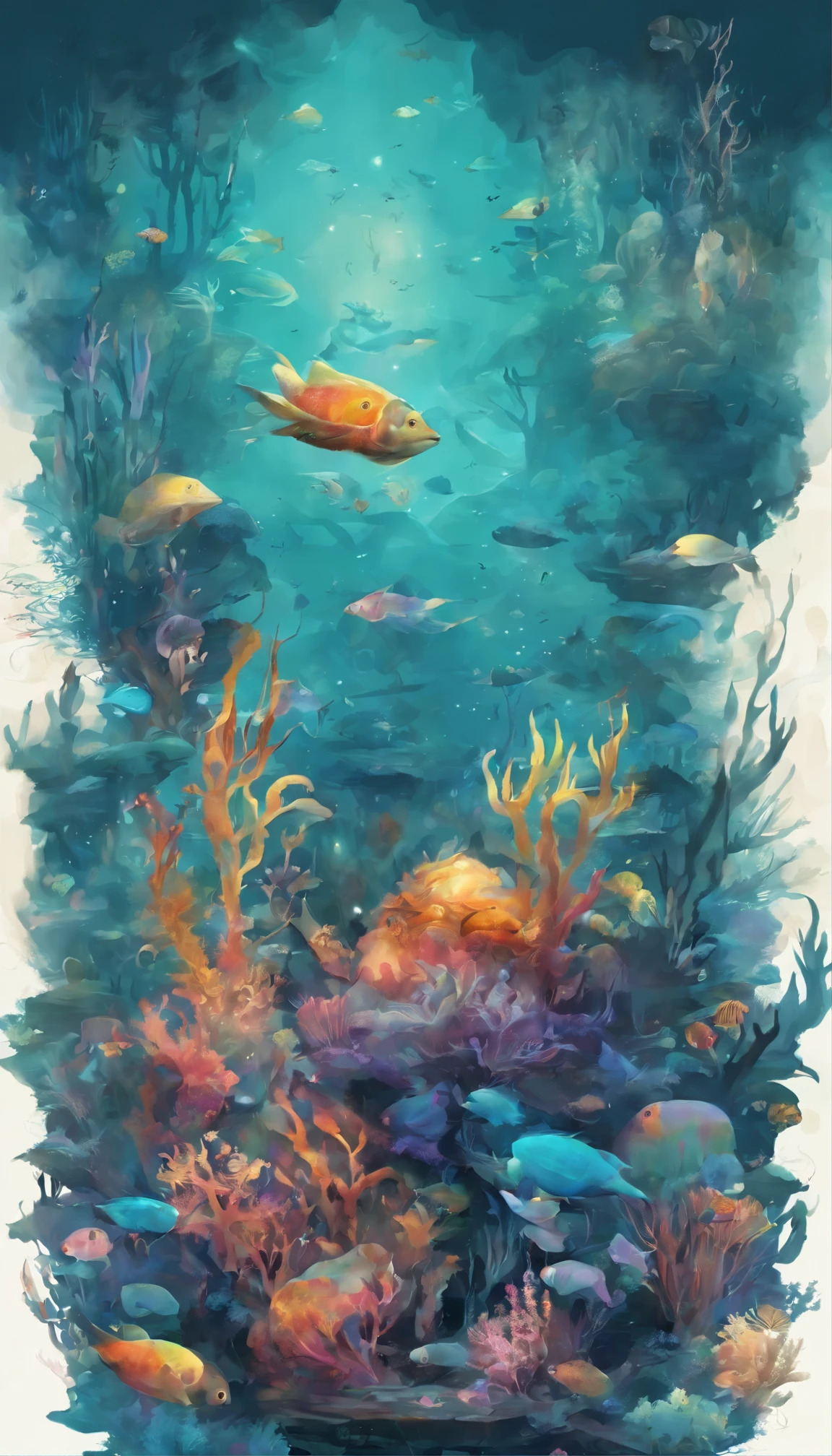 Generate an oil painting depicting the essence of a dreamy underwater world where vibrant sea creatures coexist with surreal plant life