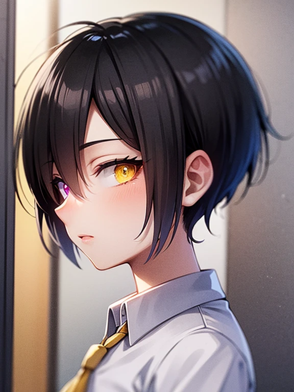 (masterpiece), best quality, high quality, dynamic light, 1boy, upper body, solo, school uniform, (blue tie), (heterochromia), (blue left eye, yellow right eye:1.1), shocked face, (glowing yellow eye), (hairstyle: straight), black hair, middle hair, (hair covers the eye:1.2), night sky, dark alley, horror, from side, side view